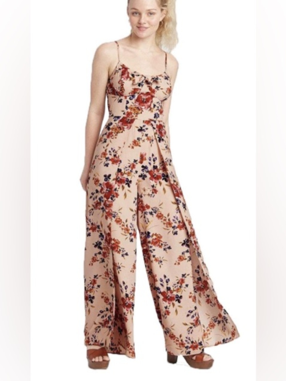Xhilaration Blush Floral spaghetti strap open legs jumpsuit M